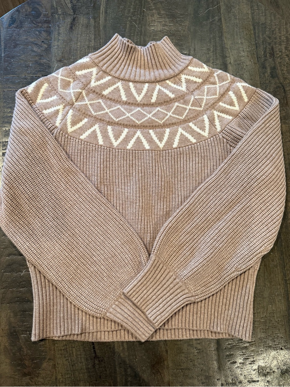 Varley Taupe Mock Neck Sweater with Cream Fair Isle Yoke